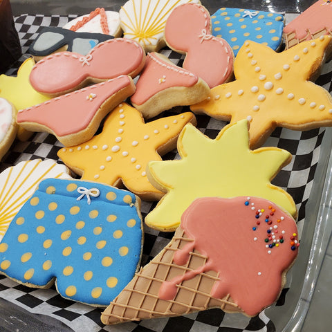 Summer Themed Sugar Cookies with Bathing Suits, Suns, Ice Cream Cones, Sea Shells, Sunglasses and Starfish